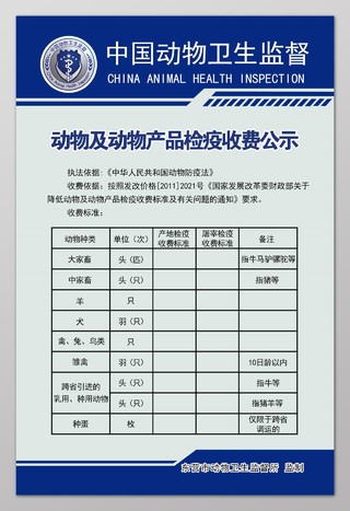动物及动物产品检疫收费公示中国动物监督所制度牌